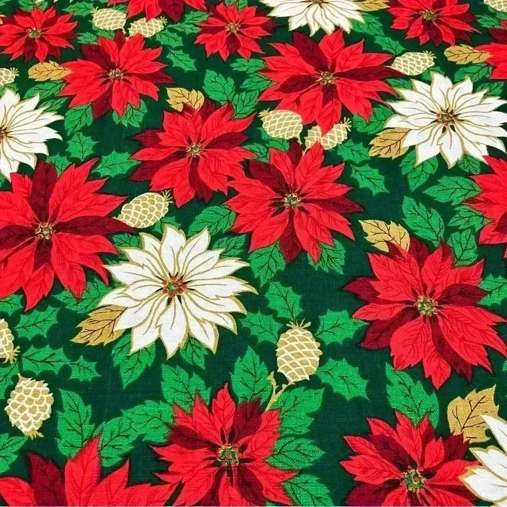VTG Christmas Tablecloth Poinsettias Holiday Pinecone Red Green Gold 77in x 55in